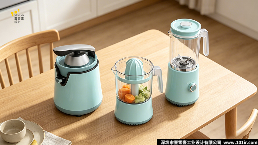 家用料理機三件套,壓桿橙汁機,電動橙汁機,多功能攪拌機,家用料理機設計,壹零壹工業設計、廚房小家電設計